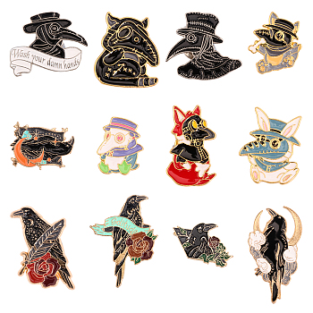 12Pcs 12 Styles Plague Doctor/Crow Enamel Pins, Light Gold Alloy Gothic Brooches for Backpack Clothes, Mixed Color, 20~35x19~31x1.5~2mm, Pin: 1mm, 1Pc/style