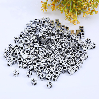 Acrylic Beads, Square, Alphabet, Mixed Letters, Antique Silver Plated, 6x6x6mm, Hole: 3mm; about 3000pc/500g
