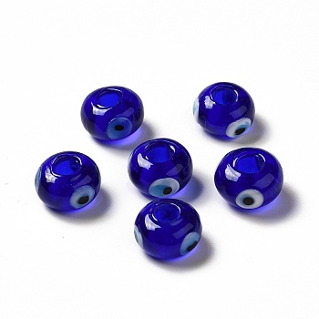 Handmade Evil Eye Lampwork Beads, Rondelle, Blue, 13~14.5x13.5~15x8~9mm, Hole: 4.5mm