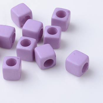 Solid Color Acrylic European Beads, Cube Large Hole Beads, Medium Orchid, 7x7x7mm, Hole: 4mm, about 1900pcs/500g
