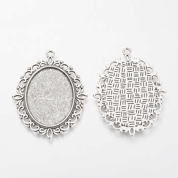 Tibetan Style Alloy Pendant Cabochon Settings, Oval, Cadmium Free & Lead Free, Antique Silver, Tray: 25x18mm, 40x30x1.5mm, Hole: 2mm