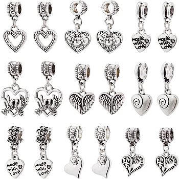 54Pcs 9 Styles Tibetan Style Alloy European Dangle Charms, Large Hole Pendants, Heart Mixed Shapes, Antique Silver, 22~29.5mm, Pendant: 12~23x10~16.5x1.5~7mm, Hole: 4.5~5mm, about 6pcs/style