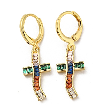 Real 18K Gold Plated Brass Dangle Leverback Earrings, with Glass, Cross, Colorful, 33.5x10mm