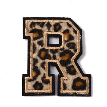 Polyester Computerized Embroidery Cloth Iron On Sequins Patches, Leopard Print Pattern Stick On Patch, Costume Accessories, Appliques, Letter.R, 60x52x1.5mm