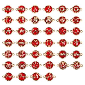 Glass Links Connectors, with Light Gold Plated Alloy Findings, Flat Round with Mixed Shapes, Dark Red, 40pcs/box