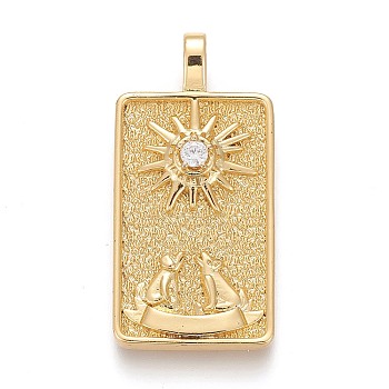 Brass Micro Pave Clear Cubic Zirconia Pendants, Real 18K Gold Plated, Tarot Card Charms, The Moon, The Moon XVIII, 30x15x4mm, Hole: 3~4mm