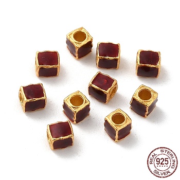 Matte Gold Color 925 Sterling Silver Beads, with Enamel, Square, Dark Red, 3x2.5x2.5mm, Hole: 1.4mm