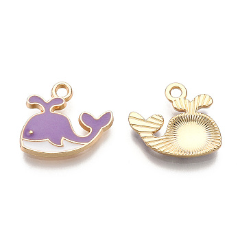Alloy Charms, with Enamel, Whale, Light Gold, Medium Purple, 14x15x2mm, Hole: 1.8mm