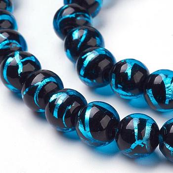 Handmade Silver Foil Lampwork Beads Strands, Round, Dodger Blue, 10mm, Hole: 2mm, 40pcs/strand, 14.57 inch