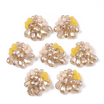 Handmade Woven Glass Cabochons, with Faceted Glass Beads and Light Gold Plated Brass Perforated Disc Settings, Flower, PeachPuff, 23~25x23~25x8~10mm