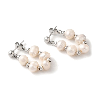 304 Stainless Steel Stud Earrings, with Natural Pearl, Stainless Steel Color, 29.5~30x7mm