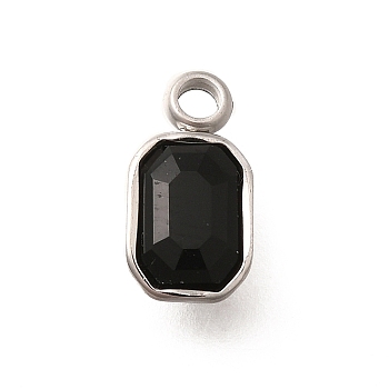 304 Stainless Steel Pendants, with Rhinestone, Stainless Steel Color, Rectangle, Jet, 10.5x5.5x3.5mm, Hole: 1.8mm