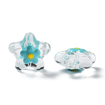 Transparent Glass Beads, with Enamel, Flower, Dark Turquoise, 21x22x11mm, Hole: 1.2mm