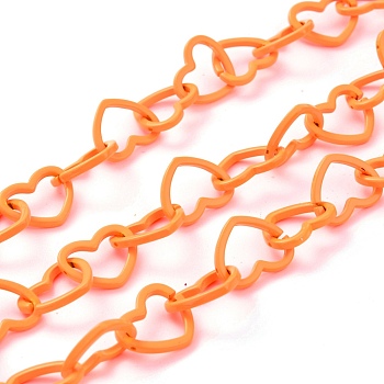 Spray Painted Brass Heart Link Chains, with Spool, Unwelded, Orange Red, 15.5x19x2mm, 32.8 Feet(10m)/roll