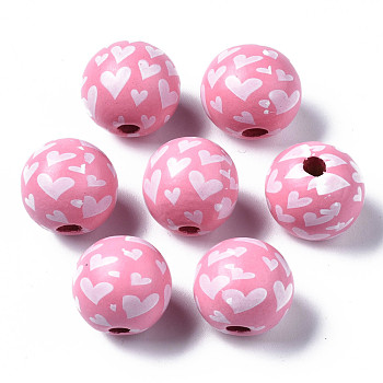 Painted Natural Wood European Beads, Large Hole Beads, Printed, Round with Heart, Hot Pink, 16x15mm, Hole: 4mm