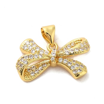 Brass Micro Pave Clear Cubic Zirconia Pendants, Bowknot, Real 16K Gold Plated, 12x21x5mm, Hole: 4.5x4mm