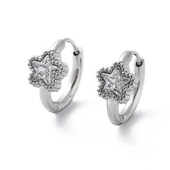 304 Stainless Steel Star Hoop Earrings, with Cubic Zirconia, Stainless Steel Color, 16.5x8.5mm
