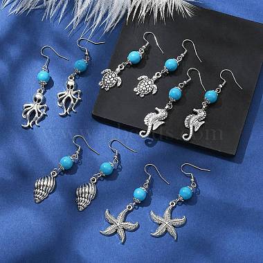 Boucles d'oreilles pendantes en alliage sur le thème de l'océan avec perles turquoise synthétiques(EJEW-JE05447)-2