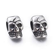 Halloween 304 Stainless Steel European Beads, Large Hole Beads, Skull Head, Antique Silver, 15x9x10mm, Hole: 5.5mm(STAS-M274-114AS)