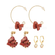 3 Pairs 3 Style Natural Red Jasper Chips Beaded Cluster Dangle Stud & Leverback Earrings, Brass Half Hoop Earrings for Women, Golden, 21~32mm, Pin: 0.7~0.9mm, 1 Pair/style(EJEW-JE04895-01)