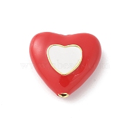 Brass Enamel Beads, Flat Heart, Rack Plating, Cadmium Free & Lead Free, Long-Lasting Plated, Real 18K Gold Plated, Red, 15.5x17x6mm, Hole: 1.6mm(KK-P294-50G-01)