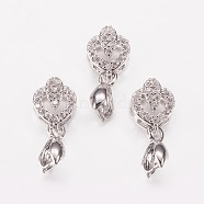 Long-Lasting Plated Brass Micro Pave Cubic Zirconia Ice Pick Pinch Bails, Heart with Leaf, Real Platinum Plated, 18mm, Hole: 2x6mm, Pin: 0.6mm(ZIRC-F069-21P)