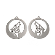 304 Stainless Steel Pendants, Flat Round with Wolf Charm, Stainless Steel Color, 37x34x1.5mm, Hole: 2mm(STAS-L020-031P)