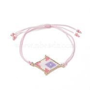 Rhombus Handmade Loom Pattern Glass Seed Braided Bead Bracelets, Adjustable Nylon Cord Bracelets for Women, Pink, Inner Diameter: 2-1/4~2-7/8 inch(5.7~7.3cm)(BJEW-MZ00008)