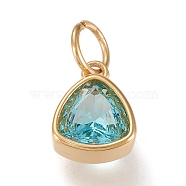Vacuum Plating 304 Stainless Steel Cubic Zirconia Pendant, Triangle, Golden, Dark Turquoise, 12.5x9.5x5mm, Hole: 5mm(X-ZIRC-P080-A03)