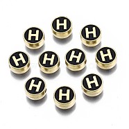 Alloy Enamel Beads, Cadmium Free & Lead Free, Light Gold, Flat Round with Alphabet, Black, Letter.H, 8x4mm, Hole: 1.5mm(ENAM-N052-006-02H-RS)