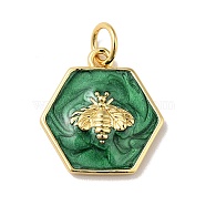 Rack Plating Brass Enamel Pendants, with Jump Ring, Cadmium Free & Nickel Free & Lead Free, Real 18K Gold Plated, Hexagon with Bee, Sea Green, 15x14x2.5mm, Hole: 3.6mm(X-KK-H431-10G)