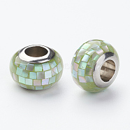 304 Stainless Steel Resin European Beads, with Shell and Enamel, Rondelle, Large Hole Beads, Pale Green, 12x8mm, Hole: 5mm(RPDL-P002-A06)