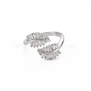 Brass Micro Pave Cubic Zirconia Cuff Rings, Leaf Open Wide Band Rings for Women, Real Platinum Plated, Nickel Free, Clear, US Size 7(17.3mm)(RJEW-T016-38P-01)