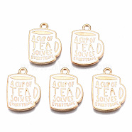 Eco-Friendly Alloy Enamel Pendants, Cadmium Free & Lead Free & Nickel Free, Light Gold, Cup with Phrase A CUP OF TEA SOLVES EVERYTHING, White, 20x15x1.5mm, Hole: 1.6mm(ENAM-T011-90-NR)