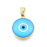Glass Pendants, with Golden Plated Brass Findings, Flat Round with Evil Eye, Deep Sky Blue, 19x16.5x5mm, Hole: 5x3.5mm(KK-I691-04E)