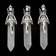 Natural Quartz Crystal Pointed Pendants, Rock Crystal Pendants, Faceted Bullet Charms, with Rack Plating Platinum Plated Brass Fairy, 24x13mm, Hole: 5x8mm(G-Z033-15P-05)
