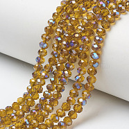 Electroplate Glass Beads Strands, Half Plated, Blue Plated, Faceted, Rondelle, Dark Goldenrod, 6x5mm, Hole: 1mm, about 85~88pcs/strand, 16.1~16.5 inch(41~42cm)(EGLA-A034-T6mm-I17)