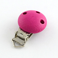 Dyed Wooden Baby Pacifier Holder Clip with Iron Clasp, Flat Round, Platinum, Camellia, 28x28mm, Hole: 4mm(X-WOOD-R242-03)