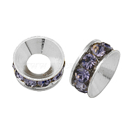 Brass Rhinestone Spacer Beads, Grade A, Rondelle, Silver Color Plated, Violet, 9x4mm(RB-A020-9mm-26S)