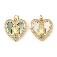 Brass Cubic Zirconia with Shell Pendants, Long-Lasting Plated, Lead Free & Cadmium Free, Heart with Saint, Real 18K Gold Plated, 19x18x3.5mm(KK-K342-03G)
