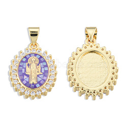 Brass Micro Pave Clear Cubic Zirconia Pendants, with Enamel and Shell, Real 18K Gold Plated, Nickel Free, Oval with Saint, Medium Purple, 19.5x14.5x4mm, Hole: 3x4mm(KK-N227-95A)
