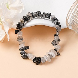 Natural Tourmalinated Quartz/Black Rutilated Quartz Stretch Bracelets, Nuggets, 2-1/8 inch(5.5cm)(BJEW-JB03681-01)