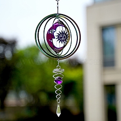 Metal 3D Wind Spinner, with Glass Beads, for Outdoor Courtyard Garden Hanging Decoration, Rainbow Color, Sun, 150mm(PW-WG31340-08)