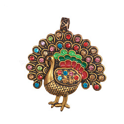 Tibetan Style Alloy Big Pendants, with Rhinestone and Enamel, Peacock, Antique Golden, 60x52x7mm, Hole: 5.5mm(PALLOY-I151-01AG)