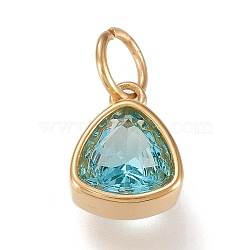 PVD Vacuum Plating 304 Stainless Steel Cubic Zirconia Pendant, Triangle, Golden, Dark Turquoise, 12.5x9.5x5mm, Hole: 5mm(X-ZIRC-P080-A03)