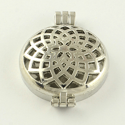 Rack Plating Hollow Brass Diffuser Locket Pendants, Flat Round with Flower, Platinum, 44x33x11mm, Hole: 3.5~4mm, inner measure: 30mm(KK-S653-P)