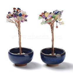 Undyed Natural Gemstone Chips Tree of Life Display Decorations, with Random Color Porcelain Bowls, Copper Wire Wrapped Feng Shui Ornament for Fortune, 66x100~110mm(TREE-PW0001-24F)