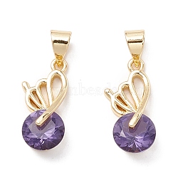 Brass Micro Pave Purple Cubic Zirconia Pendants, Wing Shapes, Real 18K Gold Plated, 17.5x8x6mm, Hole: 3.5x4.5mm(KK-Z019-14G)