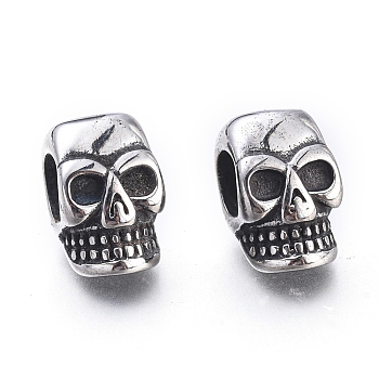 Halloween 304 Stainless Steel European Beads, Large Hole Beads, Skull Head, Antique Silver, 15x9x10mm, Hole: 5.5mm