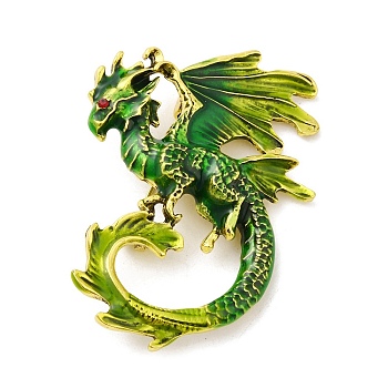 Dragon Enamel Pin Brooches, Antique Golden Alloy Rhinestone Badge for Backpack Clothes, Lime Green, 56x41x17mm, Hole: 5x3.5mm